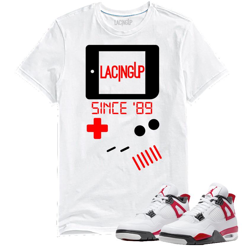 Jordan 4 red cement gameboy white tee-Lacing Up