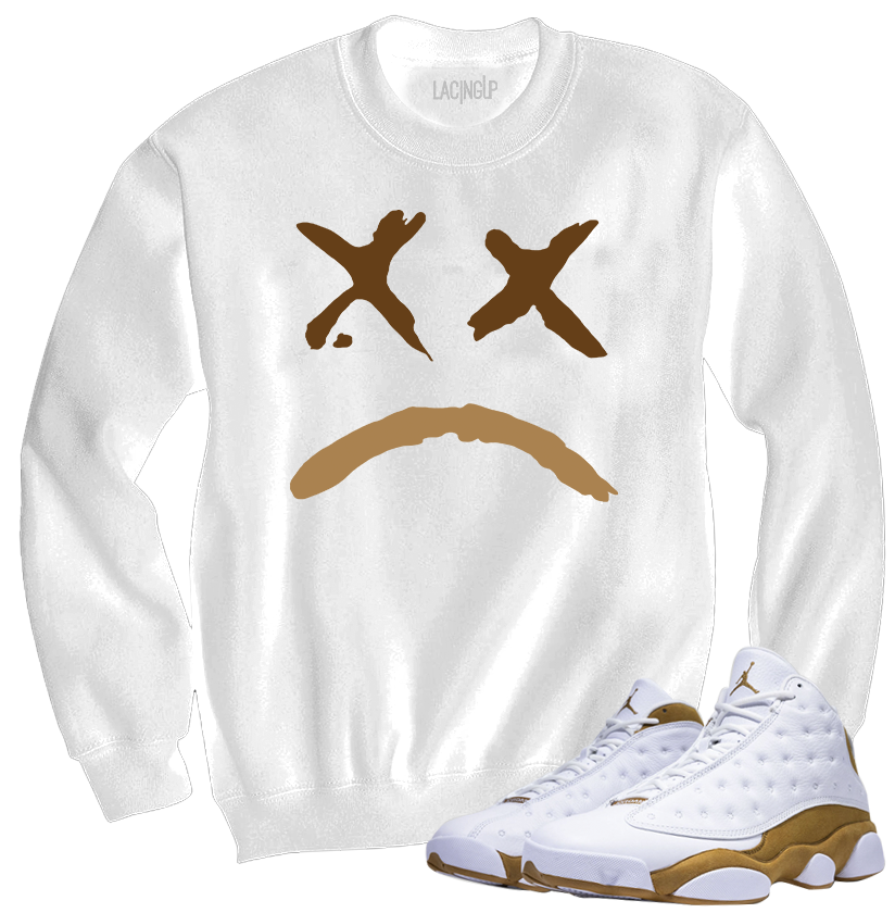 Jordan 13 wheat sad face white crewneck sweater-Lacing Up
