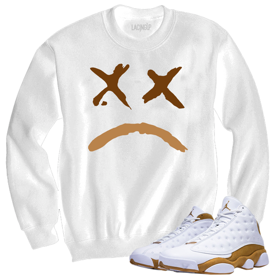 Jordan 13 wheat sad face white crewneck sweater-Lacing Up