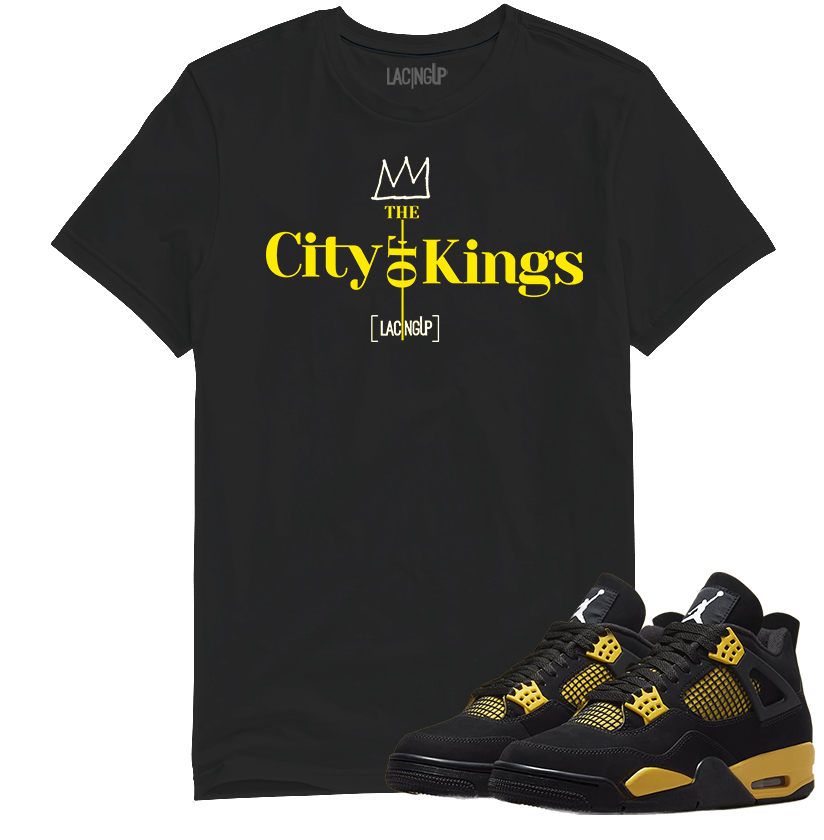 Jordan 4 Thunder city of kings black tee-Lacing Up