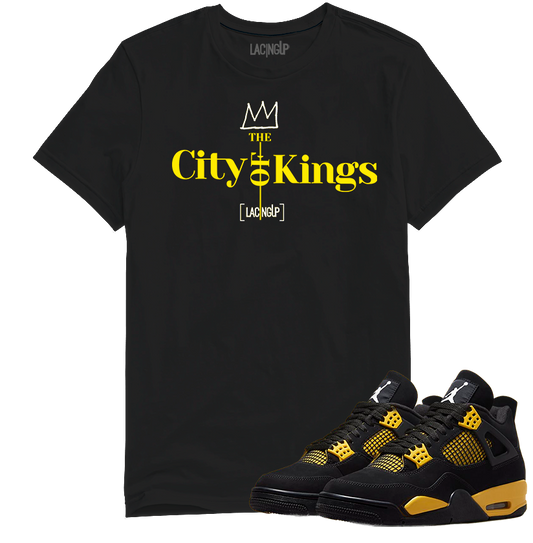 Jordan 4 Thunder city of kings black tee-Lacing Up