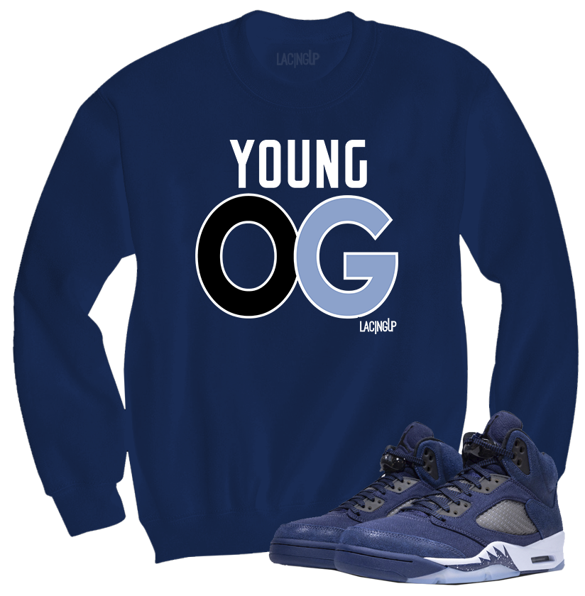 Jordan 5 Midnight Navy young og navy blue crewneck sweater-Lacing Up