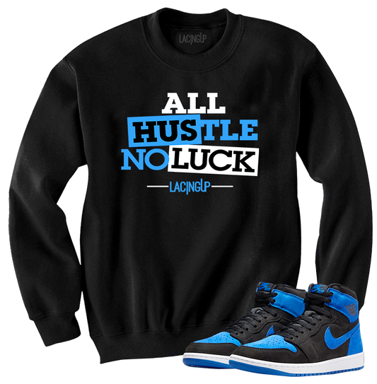 Jordan 1 Royal Suede Hustle Black crewneck sweater-Lacing Up