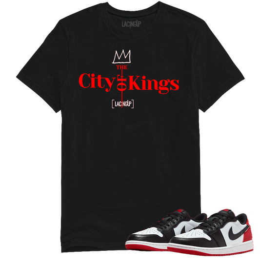 Jordan 1 low black toe city of the kings black tee-Lacing Up