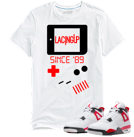 Jordan 4 red cement gameboy white tee-Lacing Up