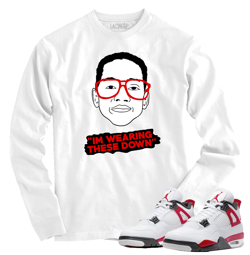 Jordan 4 red cement wearing down white long sleeve tee-Lacing Up