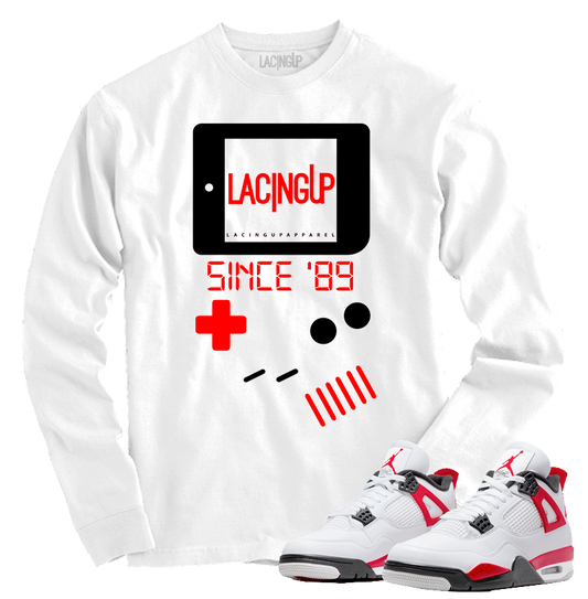 Jordan 4 red cement gameboy white long sleeve tee-Lacing Up