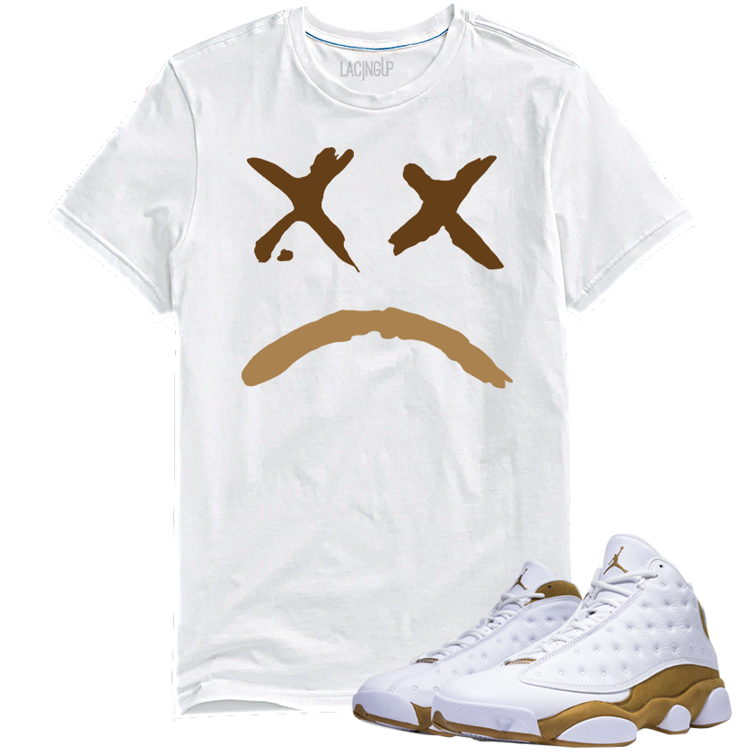 Jordan 13 wheat Sad face white tee-Lacing Up