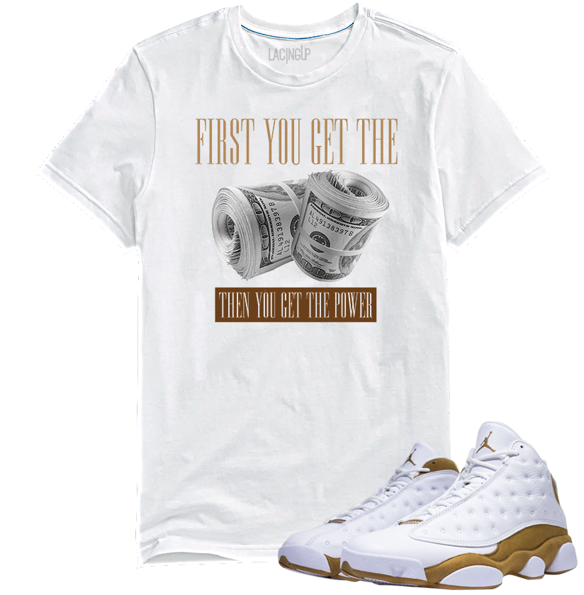 Jordan 13 wheat Power white tee-Lacing Up