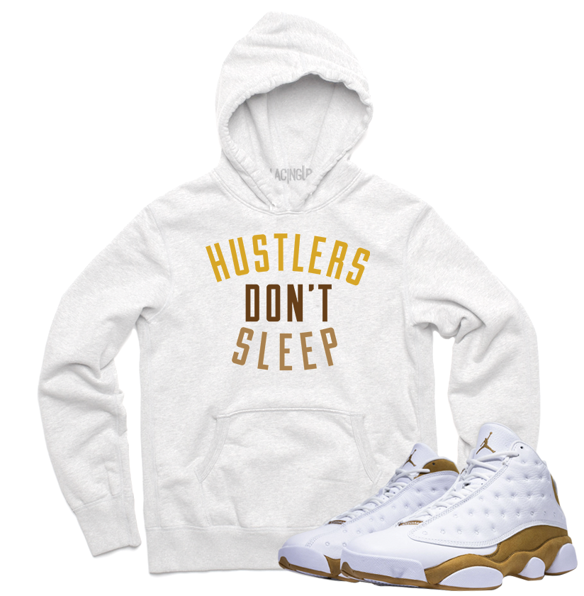 Jordan 13 wheat hustlers white hoodie-Lacing Up