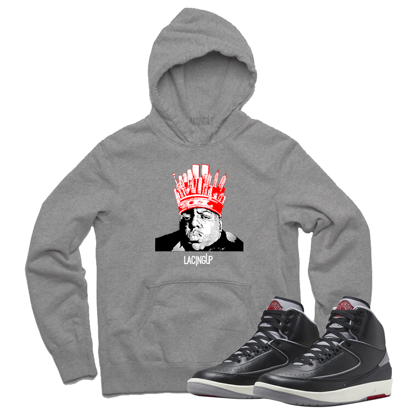 Jordan 2 Black Cement king big grey hoodie-Lacing Up