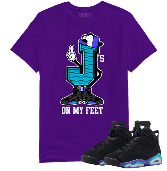 Jordan 6 Aqua J's on feet purple tee-Lacing Up