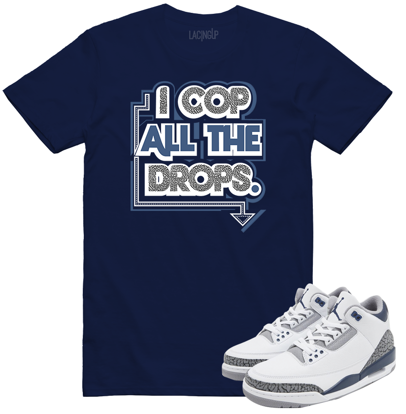 Jordan 3 white navy cement cop all drops navy tee-Lacing Up