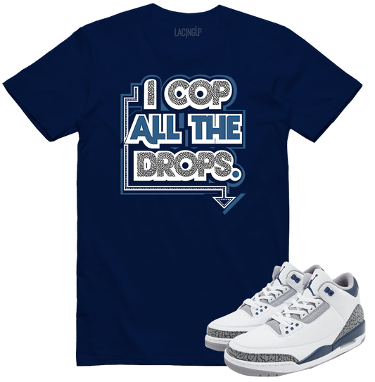 Jordan 3 white navy cement cop all drops navy tee-Lacing Up