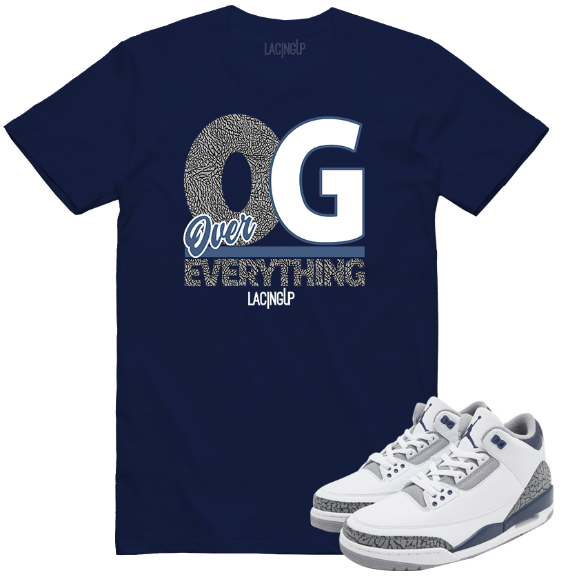 Jordan 3 white navy cement OG over everything navy tee-Lacing Up