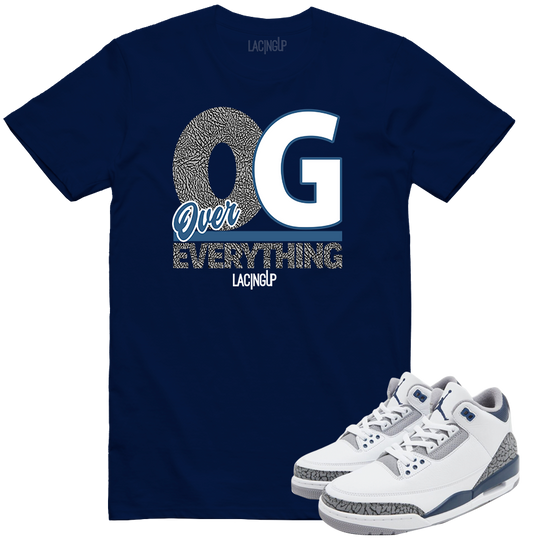 Jordan 3 white navy cement OG over everything navy tee-Lacing Up