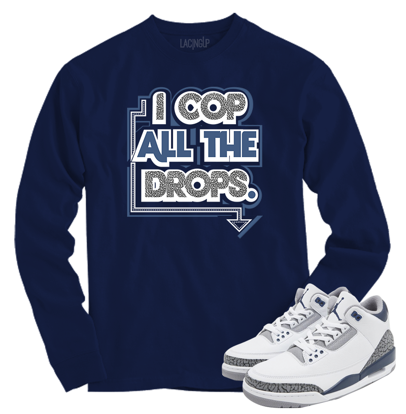 Jordan 3 white navy cement cop all drops navy long sleeve tee-Lacing Up