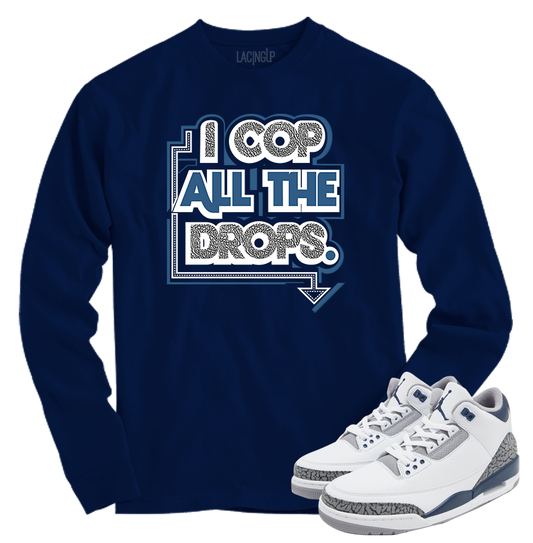 Jordan 3 white navy cement cop all drops navy long sleeve tee-Lacing Up