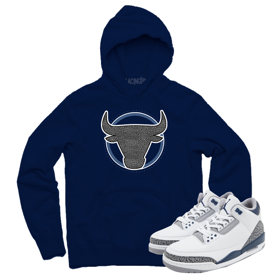 Jordan 3 white navy cement Bull navy hoodie-Lacing Up
