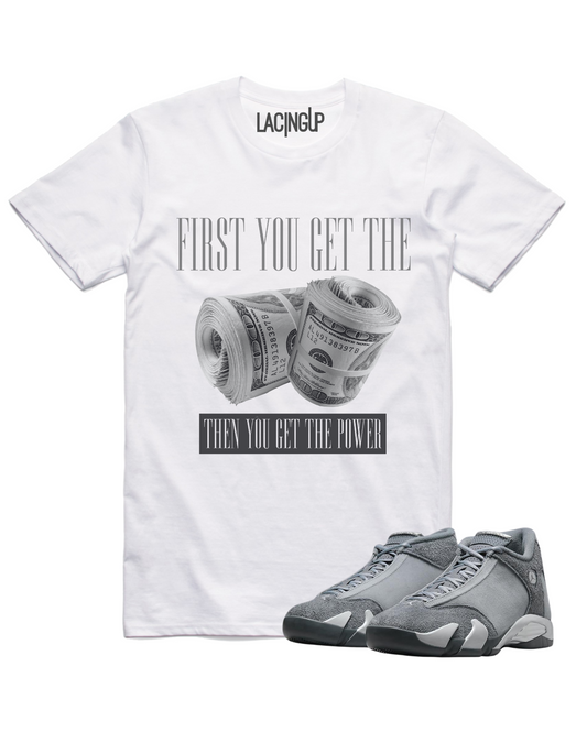 Jordan 14 Flint Grey power white tee-Lacing Up