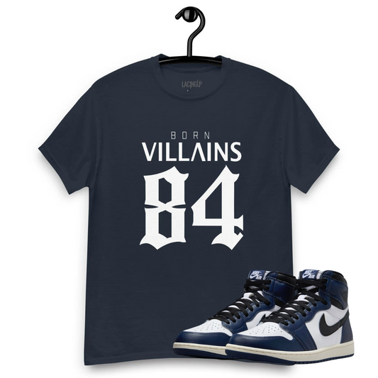 Jordan 1 OG Navy born villians navy blue tee