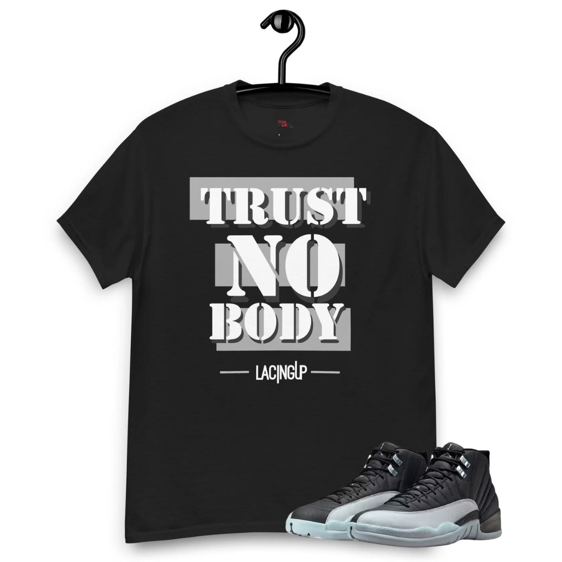 Jordan 12 wolf grey trust nobody black tee