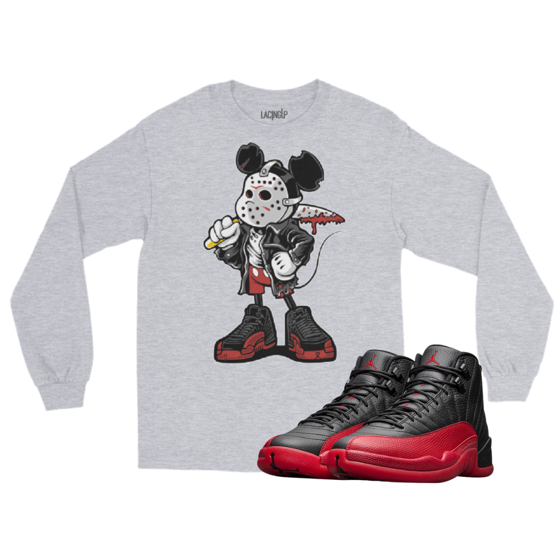 Jordan 12 Flu Game Mickey Mask heather grey long sleeve t-shirt