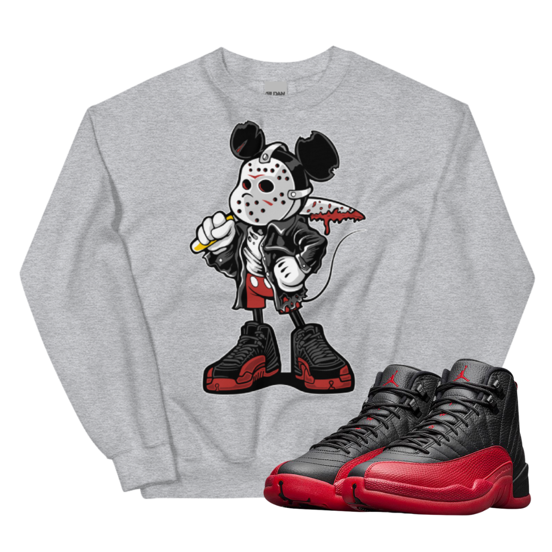 Jordan 12 Flu Game Mickey Mask grey crewneck sweater