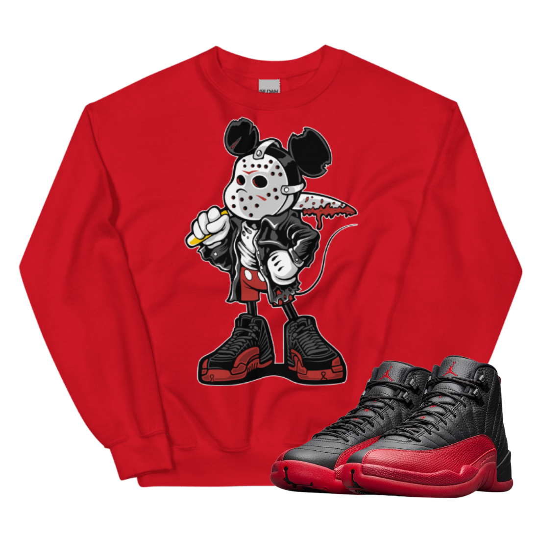 Jordan 12 Flu Game Mickey Mask red sweater