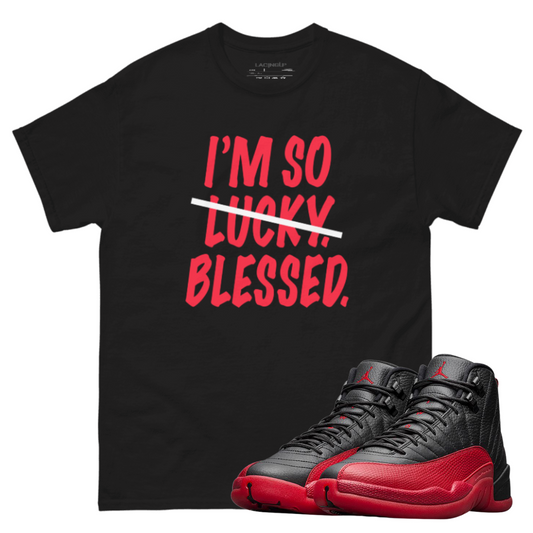 Jordan 12 Flu game blessed black tee