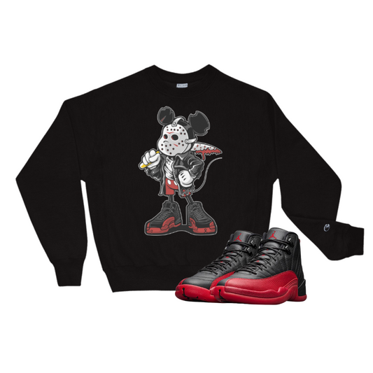 Jordan 12 Flu Game Mickey Mask black  Lacing up X Champion crewneck sweater