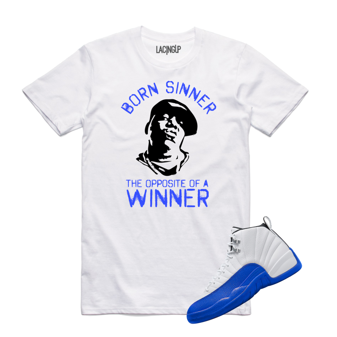 Jordan 12 BlueBerry born sinner white tee