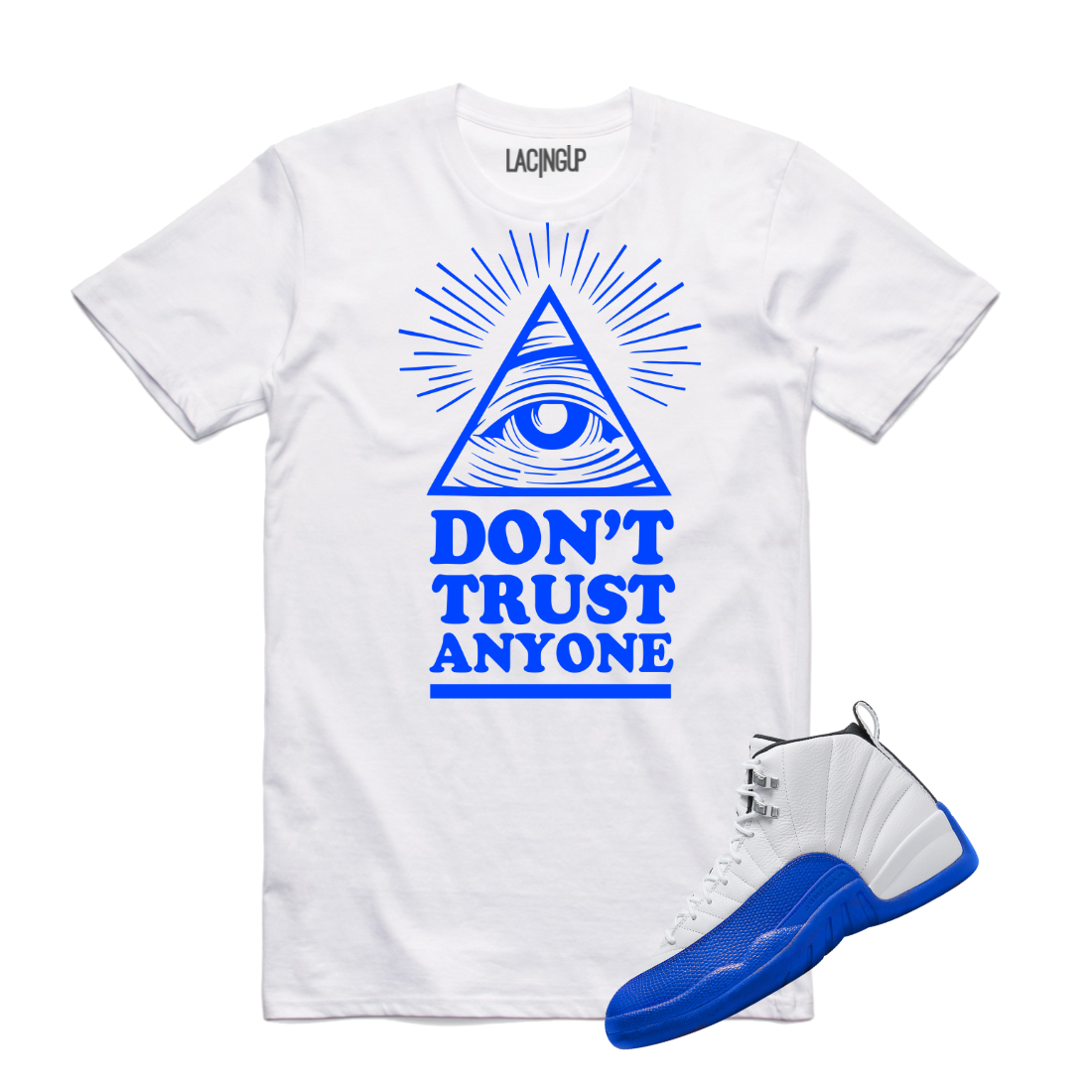 Jordan 12 BlueBerry Don't Trust white tee