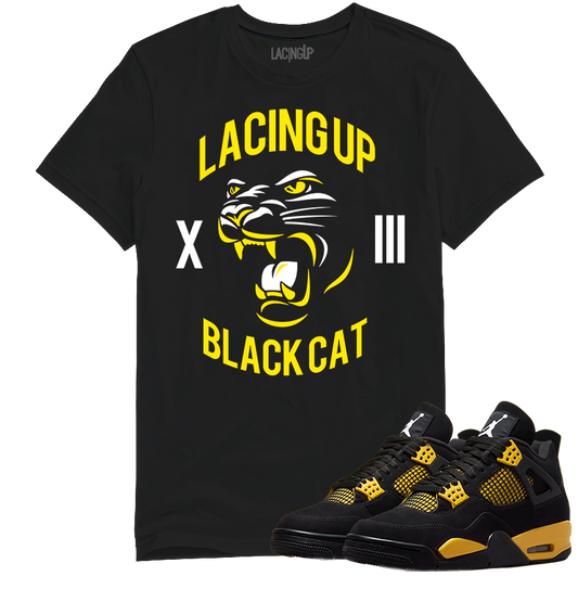 Jordan 4 Thunder black cat black tee-Lacing Up
