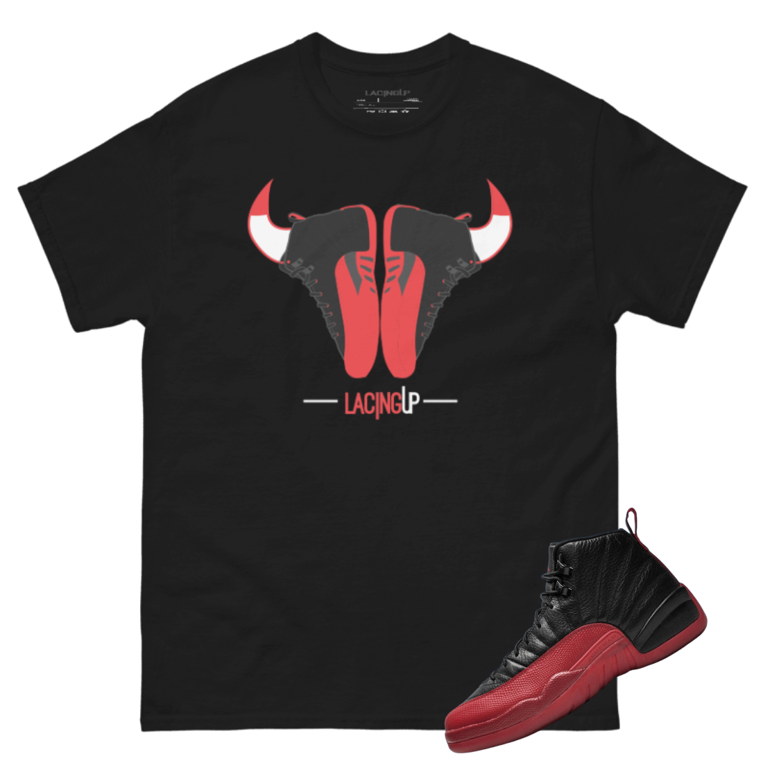 Jordan 12 Flu game horns black tee