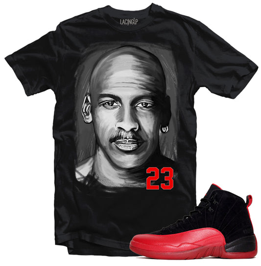 Jordan 12 Flu game potrait black t-shirt