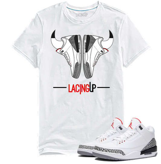 Jordan 3 white cement reimagined  "88 horns white tee-Lacing Up