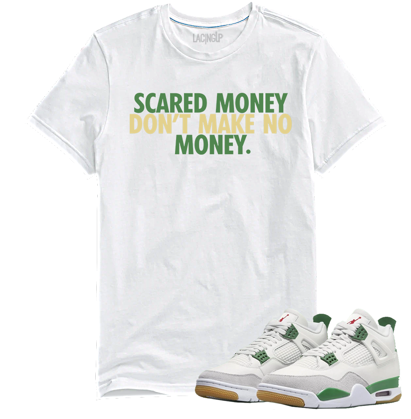 Jordan 4 SB pine green scared money white tee-Lacing Up