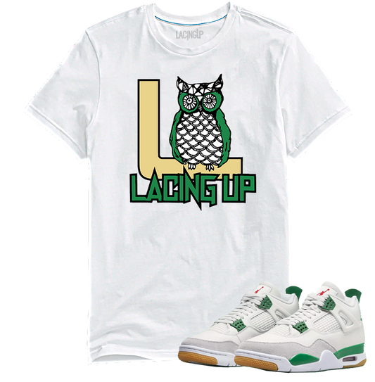Jordan 4 SB pine green logo white tee-Lacing Up
