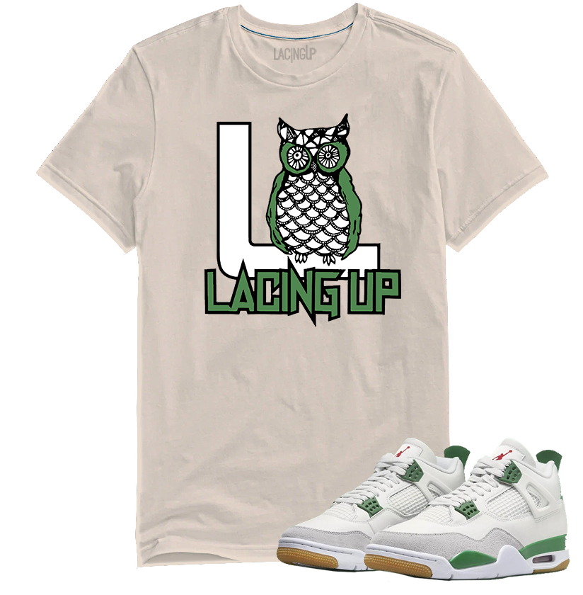 Jordan 4 SB pine green owl logo tan tee-Lacing Up